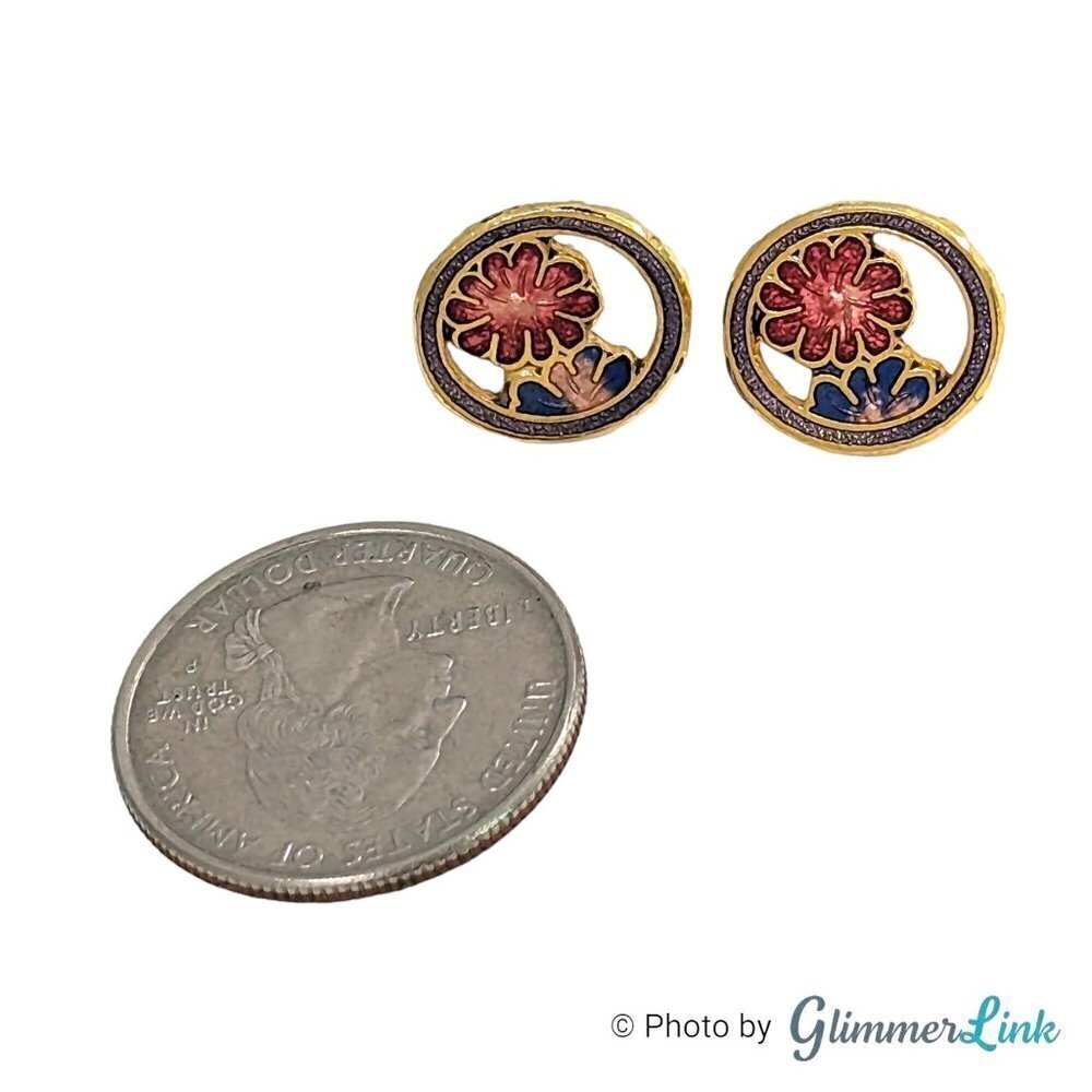 Vintage 80s Oval Cloisonne Floral Pierced Gold Tone Earrings - Picture 2 of 7